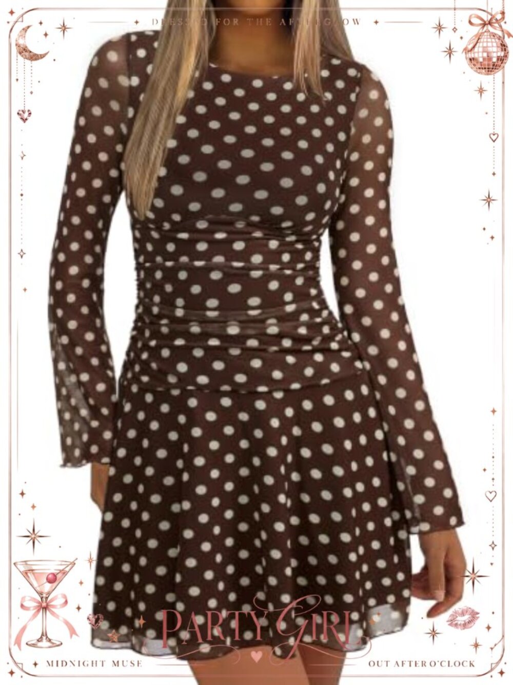 REORIA Y2K Boat Neck Sheer Mesh Ruched Long Sleeve Mini Dress